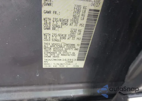 2017 Nissan Murano Sv из США, поврежденный, VIN 5N1AZ2MH3HN163953